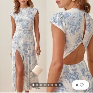Reformation Blue White Gavin Midi Cutout Dress in Teacup